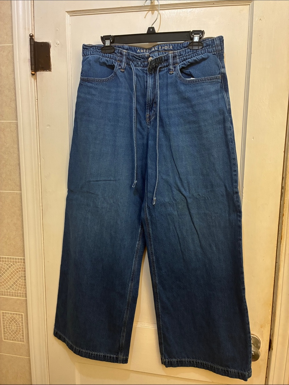 American Eagle Outfitters Wide-Leg Drawstring Jeans - Dark Blue